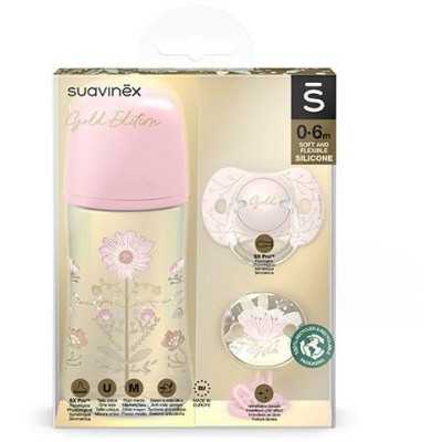 Gold set láhev 270ml + dudlík fyziologicky 0/6 + klip gold - růžová