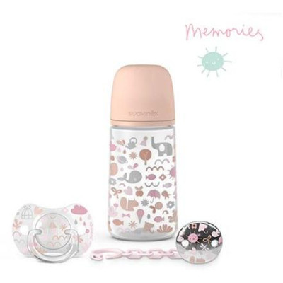 SUAVINEX | SADA FĽAŠA 270ml + cumlík  fyziologický 0/6m + klip MEMORIES - ružová
