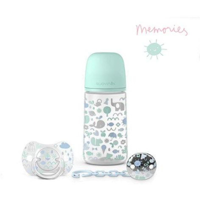 SUAVINEX | SADA FĽAŠA 270ml + cumlík fyziologický 0/6m + klip MEMORIES - modrý