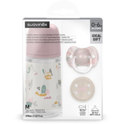 SUAVINEX | Sada láhev 270ml + dudlík fyziologický 0/6m + klip Walk - růžová
