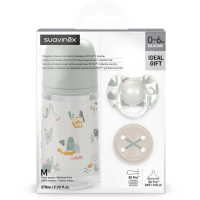 SUAVINEX | Sada láhev 270ml + dudlík fyziologický 0/6m + klip Walk - zelená