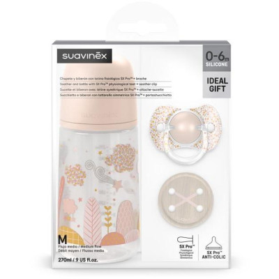 SUAVINEX | Sada láhev 270ml + dudlík fyziologický 0/6m + klip Dreams - růžová