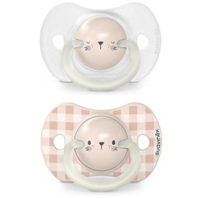 SUAVINEX | Cumlík DEN&NOC fyziologické silikón 0-6 m 2ks - ružový králik