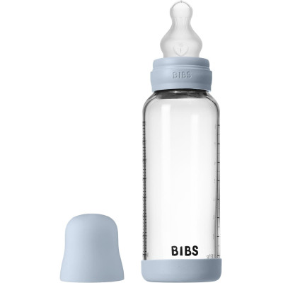 BIBS antikoliková sklenená fľaša so silikónovým cumlíkom 240ml - Baby Blue